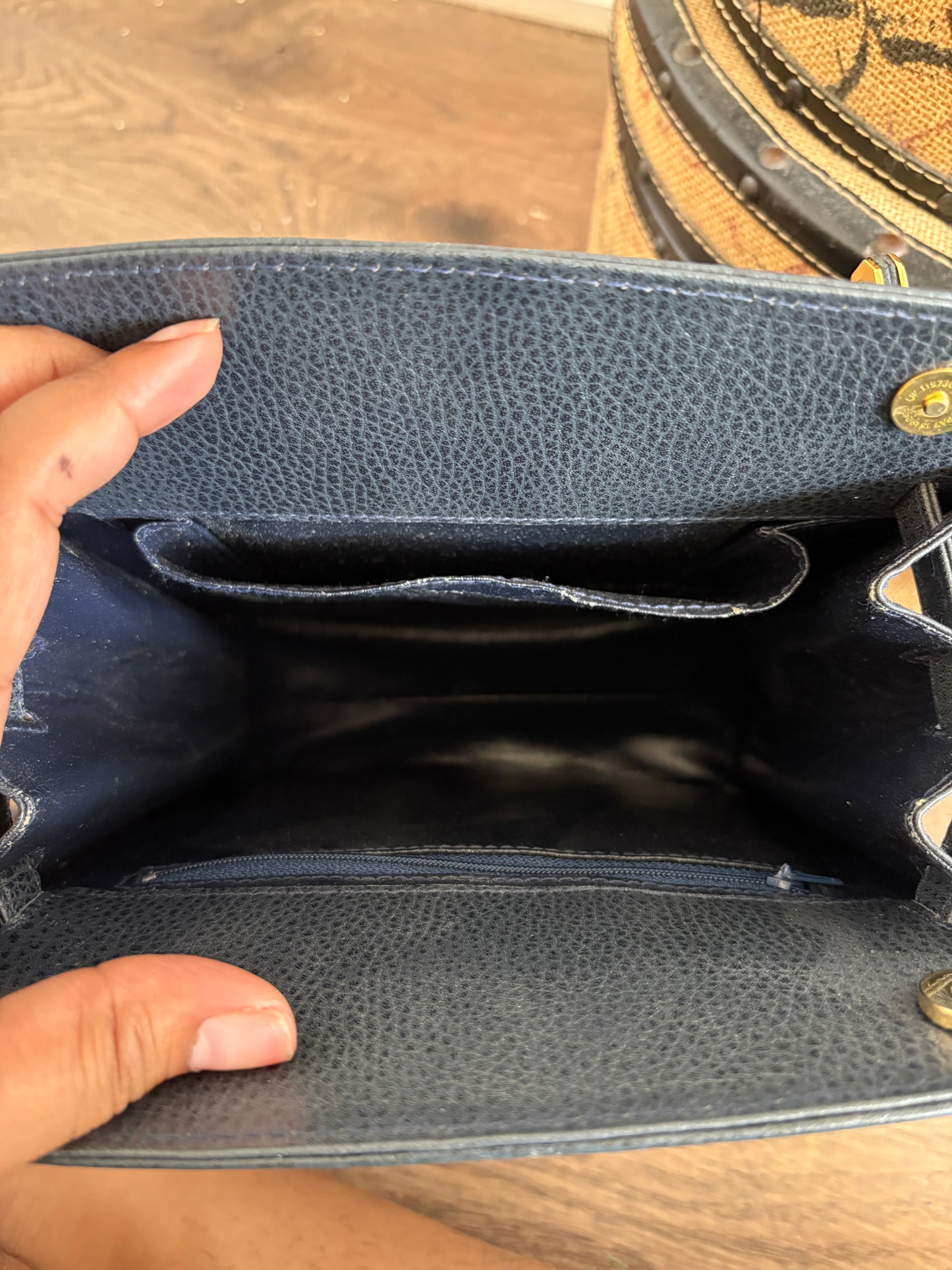 BLUE LEATHER VINTAGE BAG WITH GOLD HARDWARE
