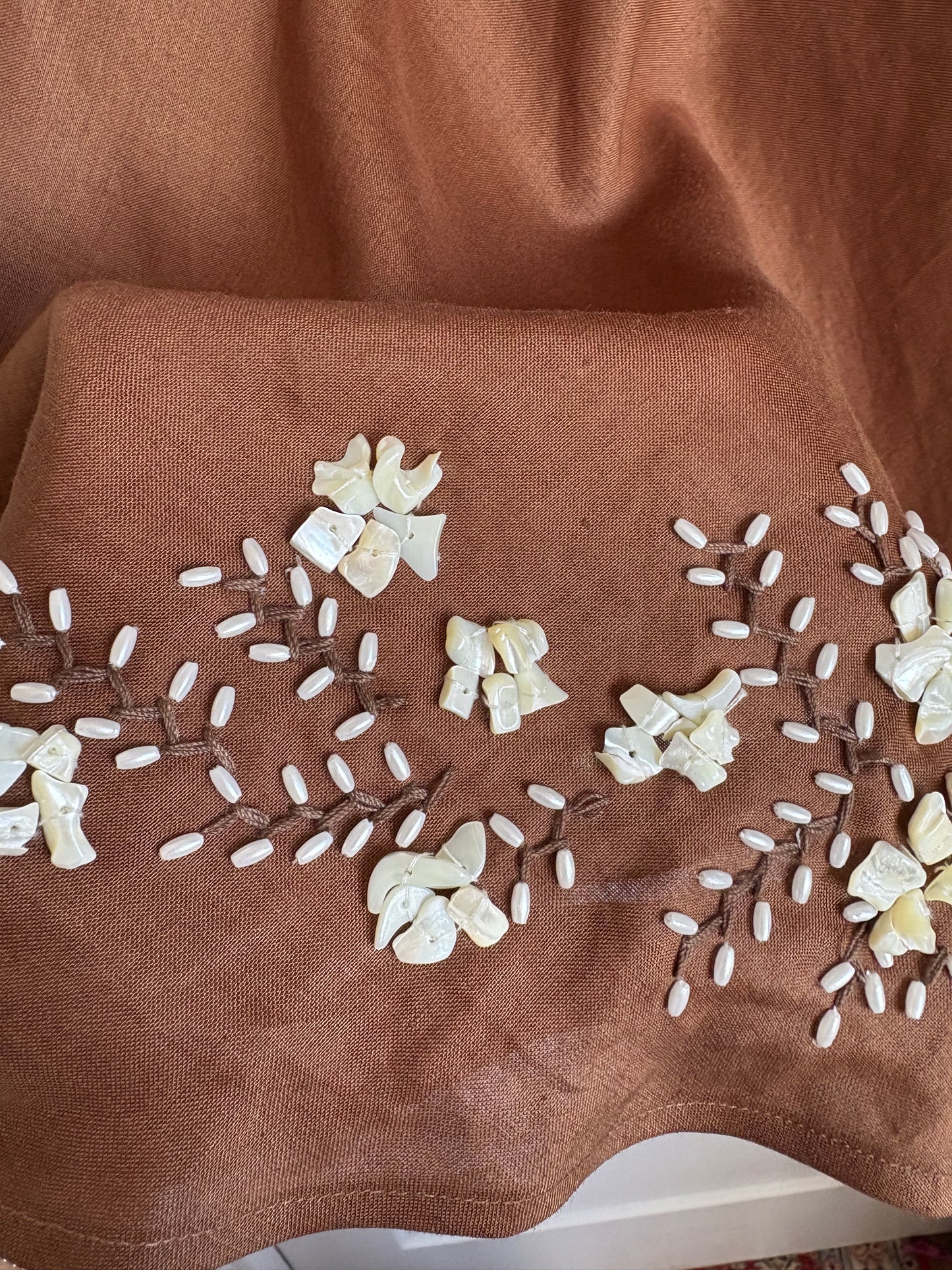BROWN SUMMER SKIRT WITH PEARL EMBELLISHMENTS
