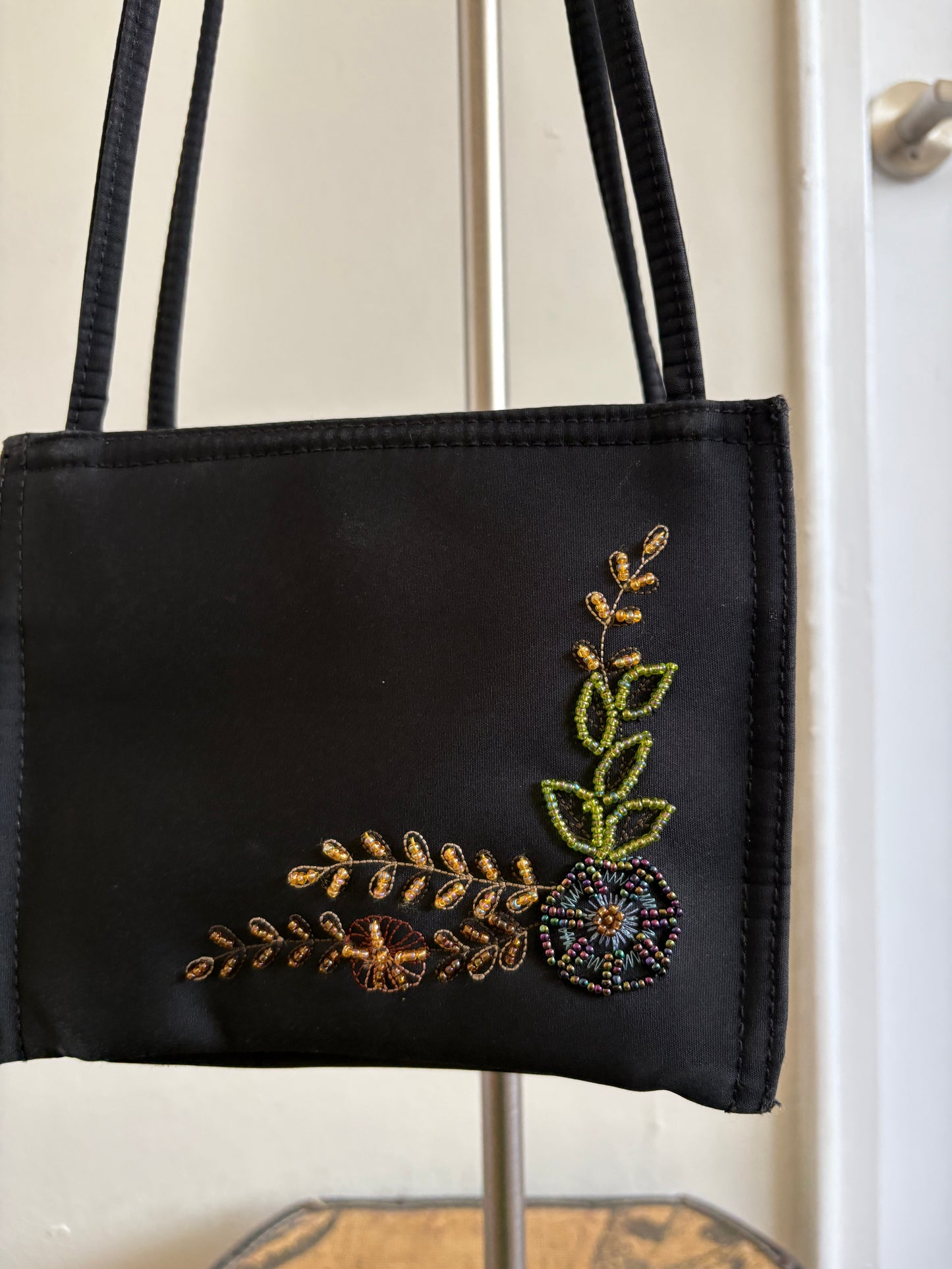 VINTAGE BLACK NYLON SHOULDER BAG WITH A BEADED FLORAL DESIGN