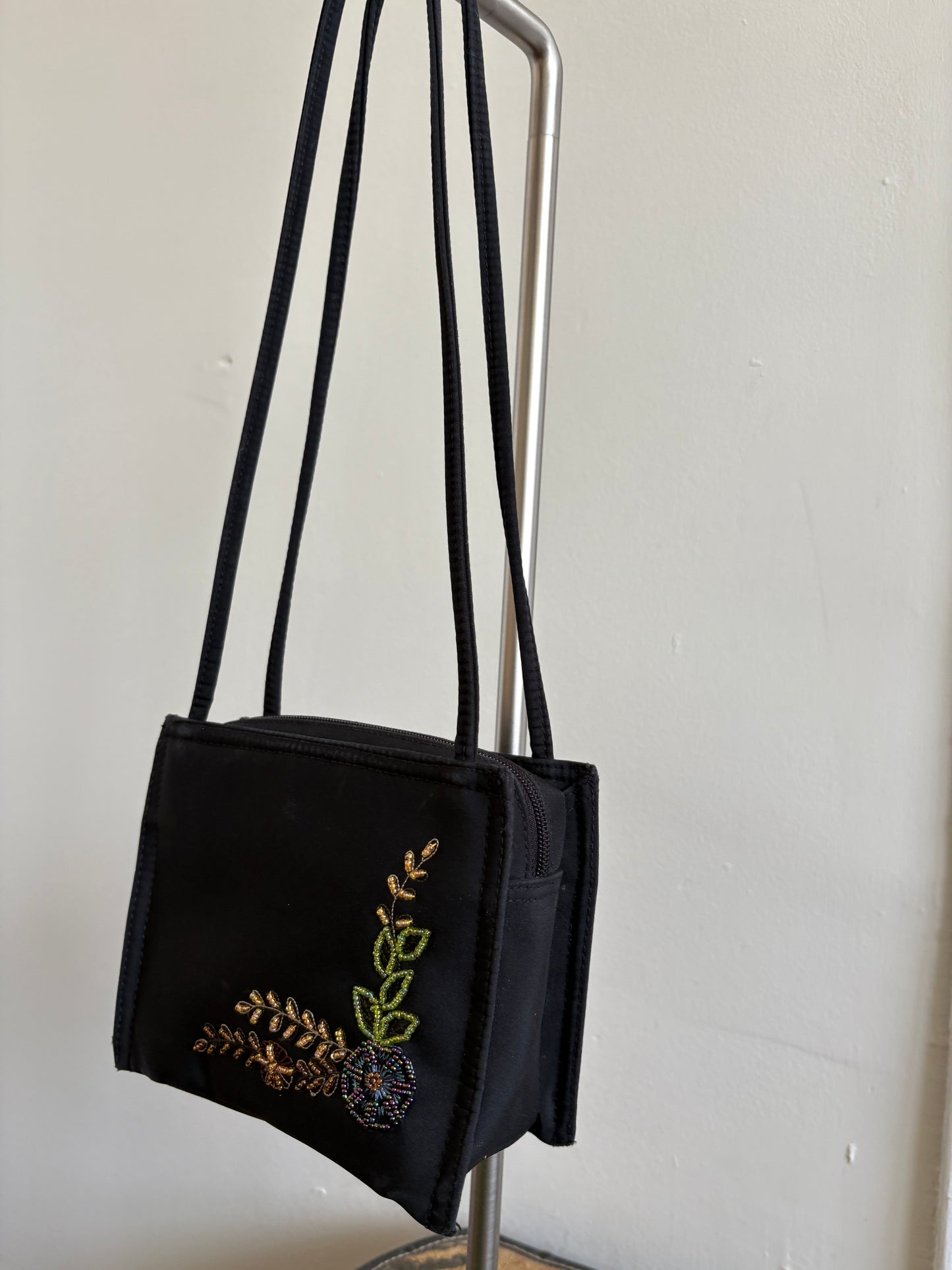 VINTAGE BLACK NYLON SHOULDER BAG WITH A BEADED FLORAL DESIGN