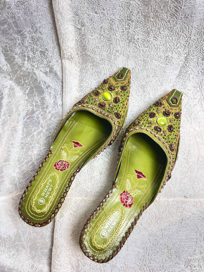 GREEN STONEWORK KITTEN HEELS
