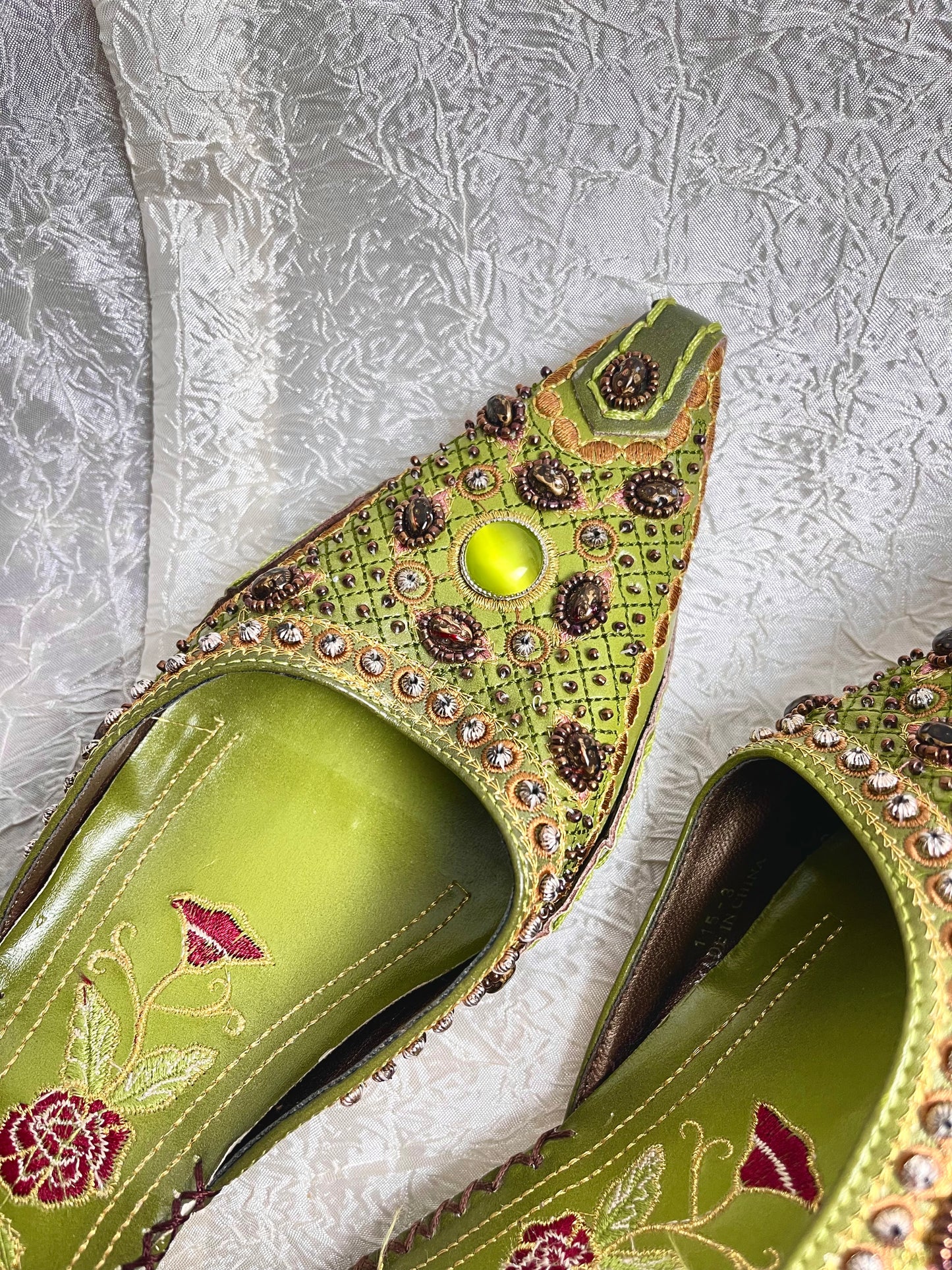 GREEN STONEWORK KITTEN HEELS