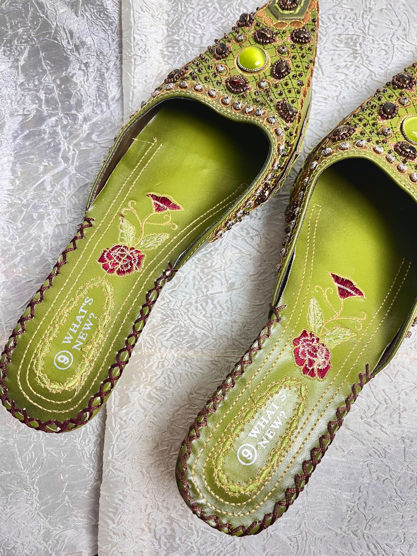 GREEN STONEWORK KITTEN HEELS