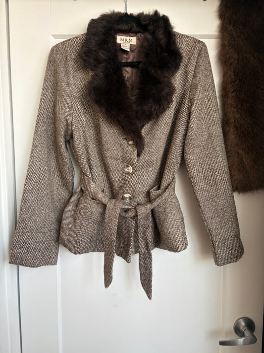 VINTAGE MKM DESIGNS TWEED JACKET WITH FUR TRIM
