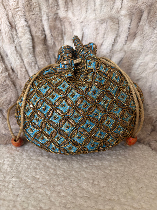 BEADED BLUE SILK POTLI BAG