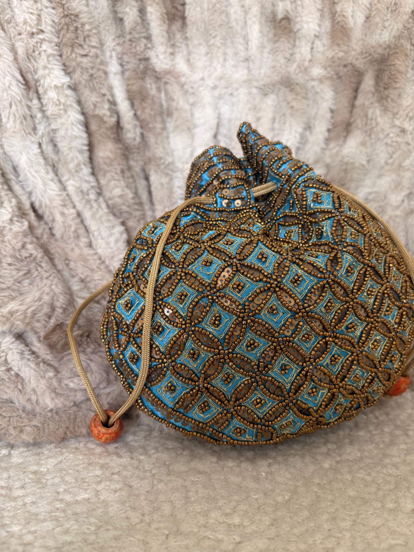 BEADED BLUE SILK POTLI BAG