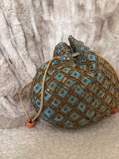 BEADED BLUE SILK POTLI BAG