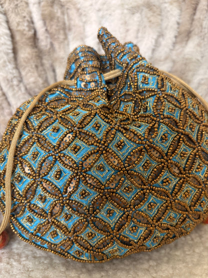 BEADED BLUE SILK POTLI BAG