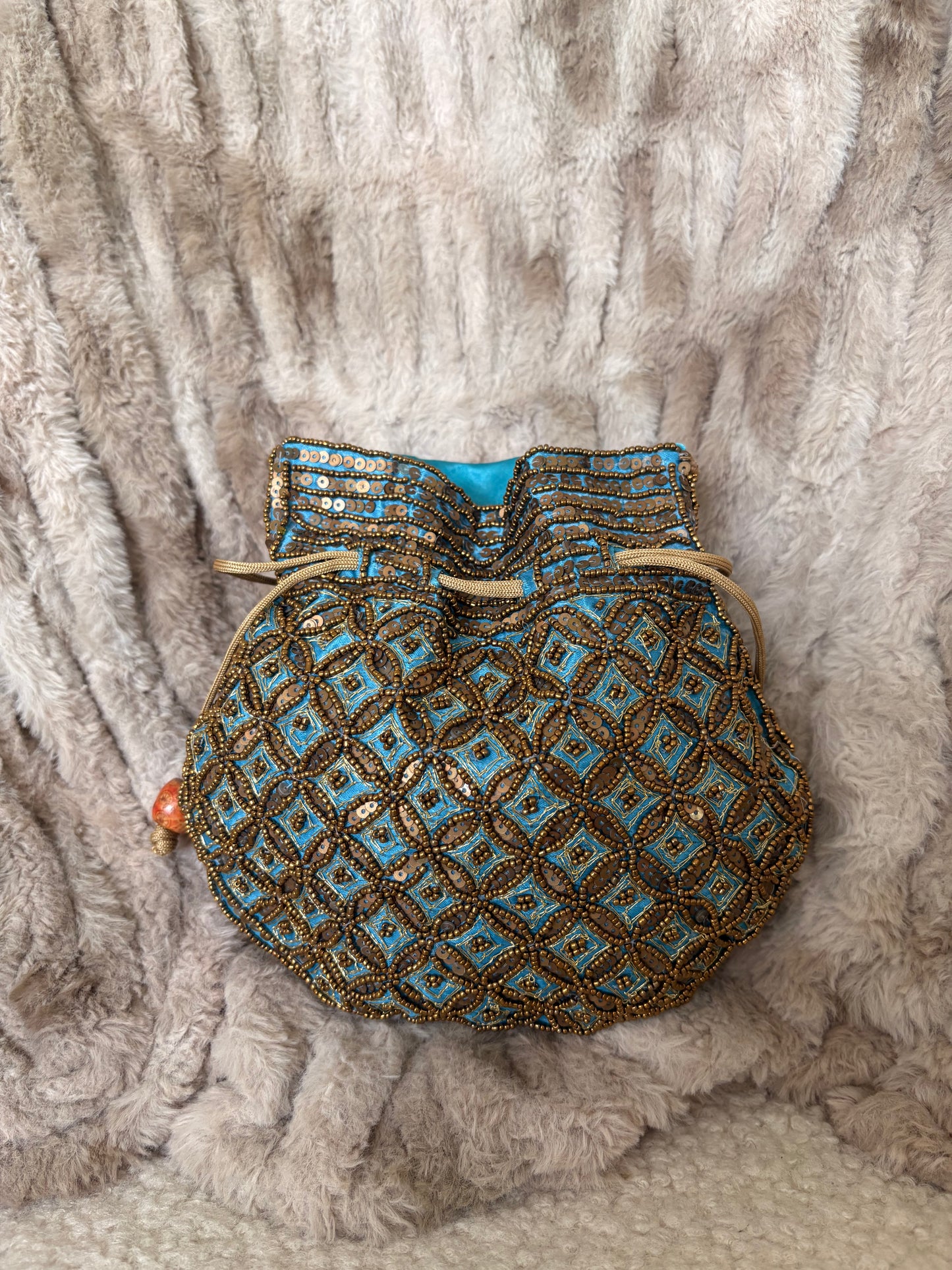 BEADED BLUE SILK POTLI BAG
