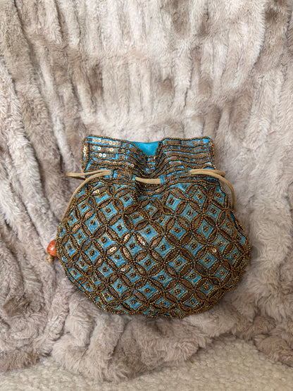 BEADED BLUE SILK POTLI BAG