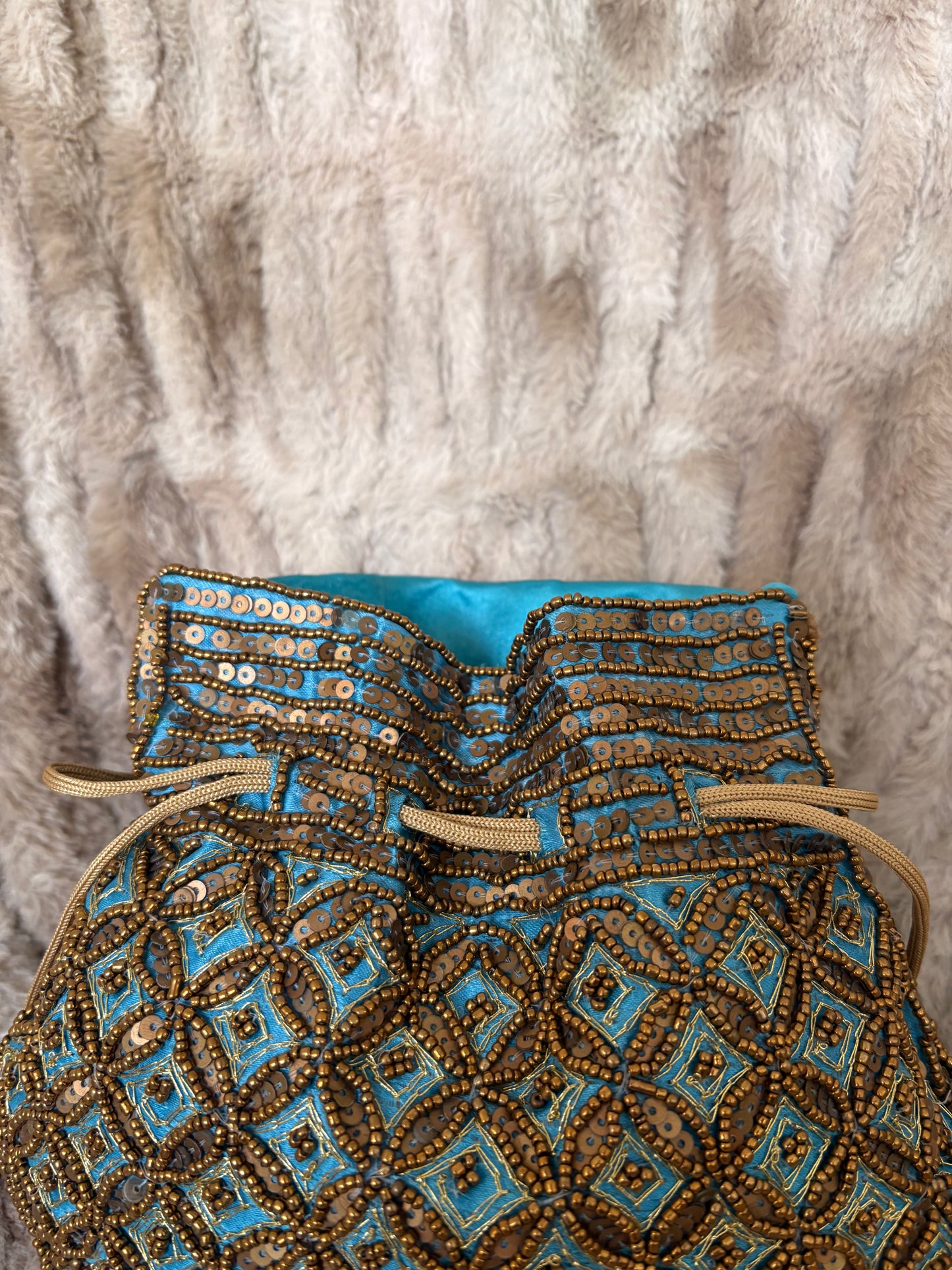 BEADED BLUE SILK POTLI BAG