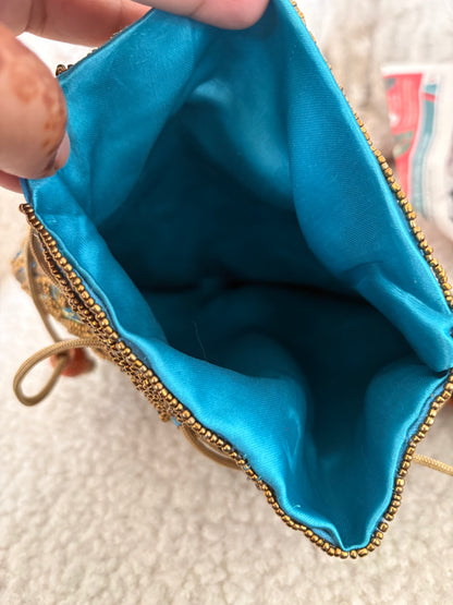 BEADED BLUE SILK POTLI BAG