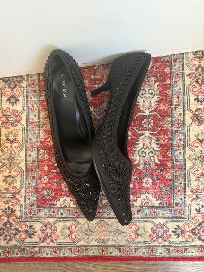 BLACK BEADED KITTEN HEELS - 10