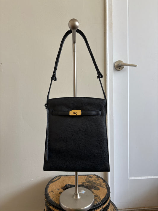 BLUE LEATHER VINTAGE BAG WITH GOLD HARDWARE