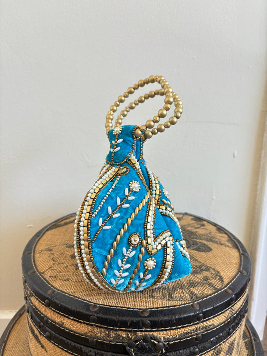 BLUE ZARI VELVET POTLI BAG