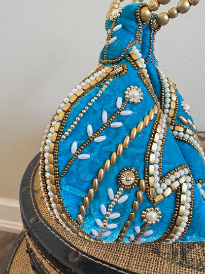 BLUE ZARI VELVET POTLI BAG