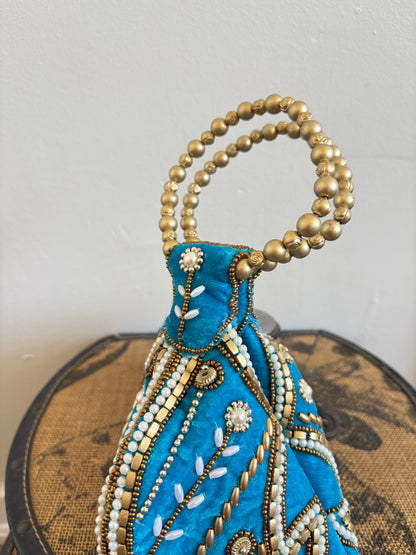 BLUE ZARI VELVET POTLI BAG