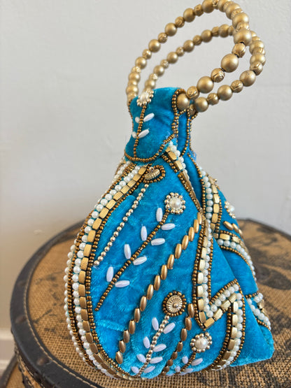 BLUE ZARI VELVET POTLI BAG