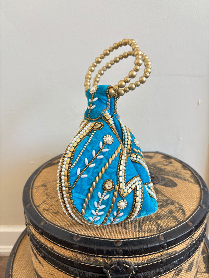 BLUE ZARI VELVET POTLI BAG