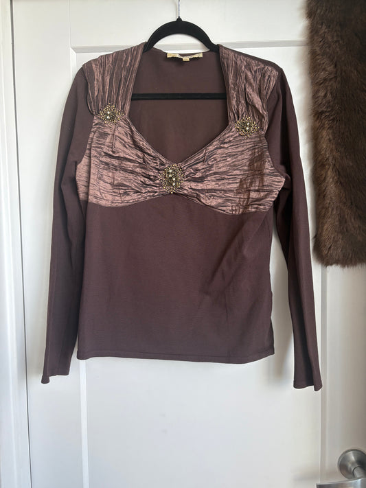 BROWN VINTAGE RIBBED LONG SLEEVE TOP - XL