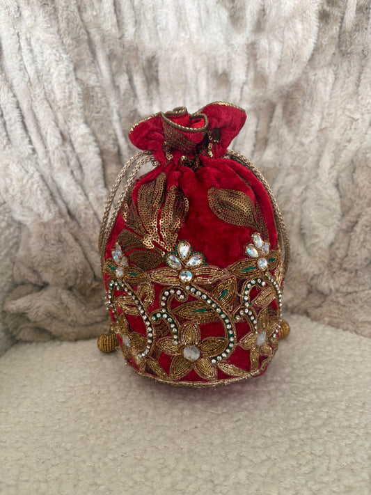 EMBELLISHED RED VELVET POTLI BAG