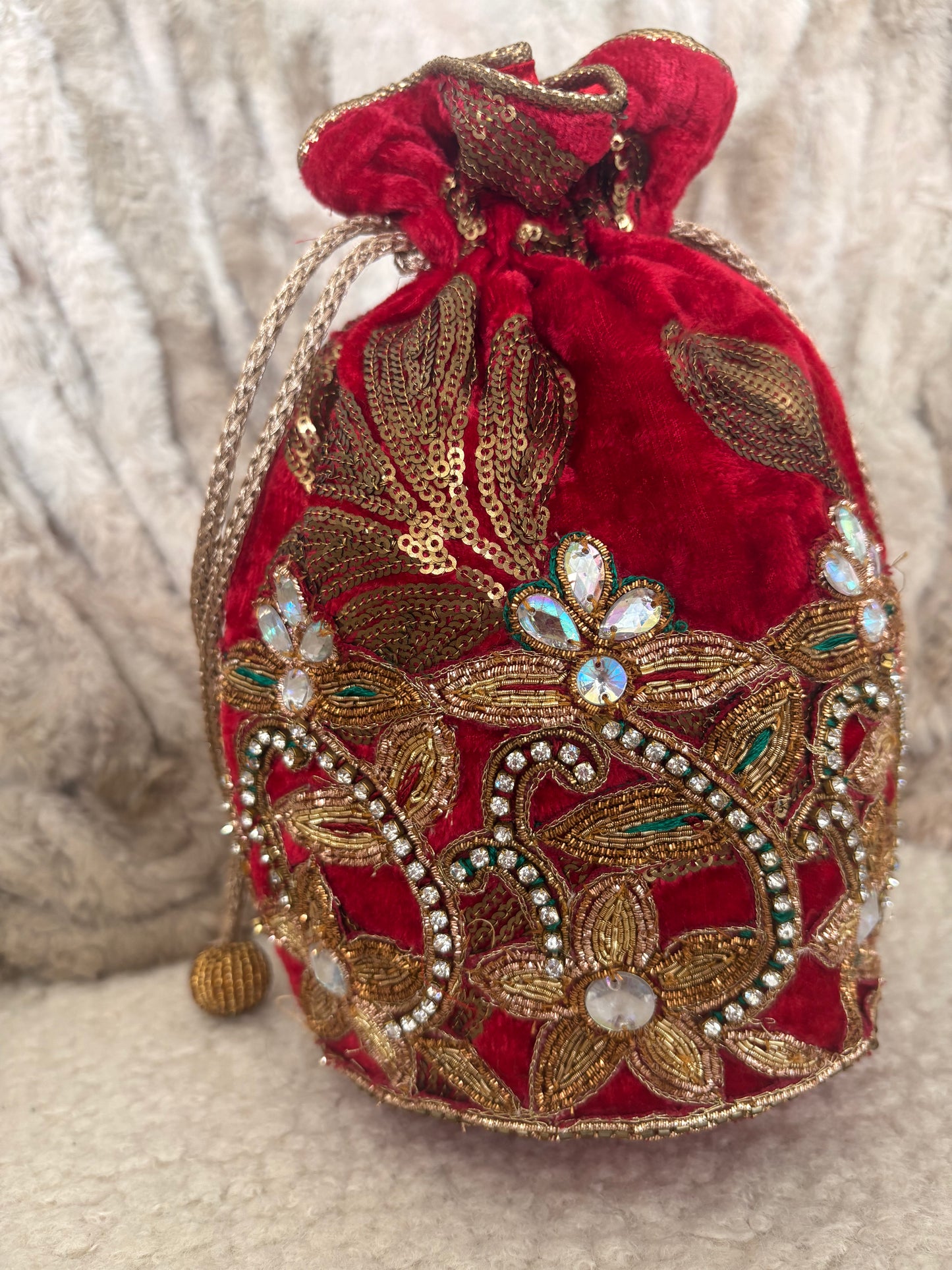 EMBELLISHED RED VELVET POTLI BAG