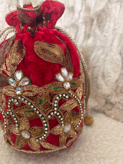 EMBELLISHED RED VELVET POTLI BAG