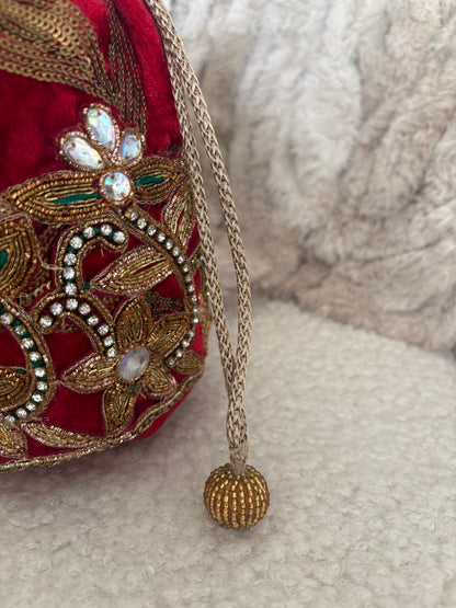 EMBELLISHED RED VELVET POTLI BAG