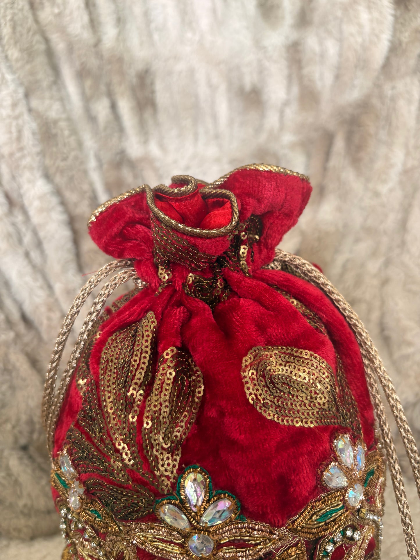 EMBELLISHED RED VELVET POTLI BAG