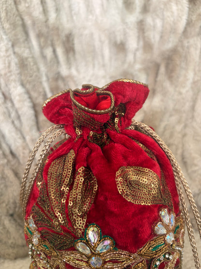 EMBELLISHED RED VELVET POTLI BAG