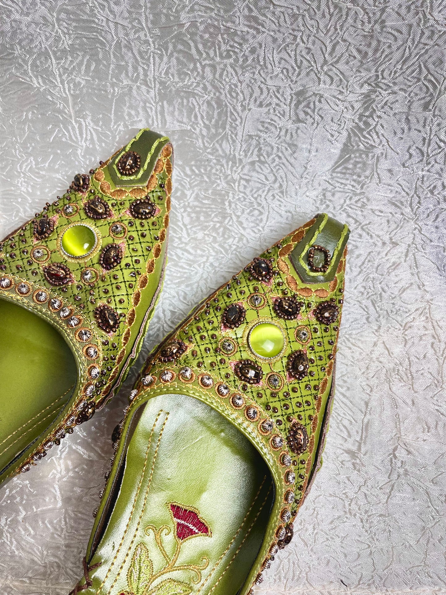 GREEN STONEWORK KITTEN HEELS