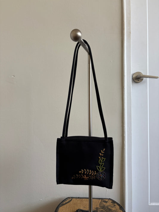VINTAGE BLACK NYLON SHOULDER BAG WITH A BEADED FLORAL DESIGN