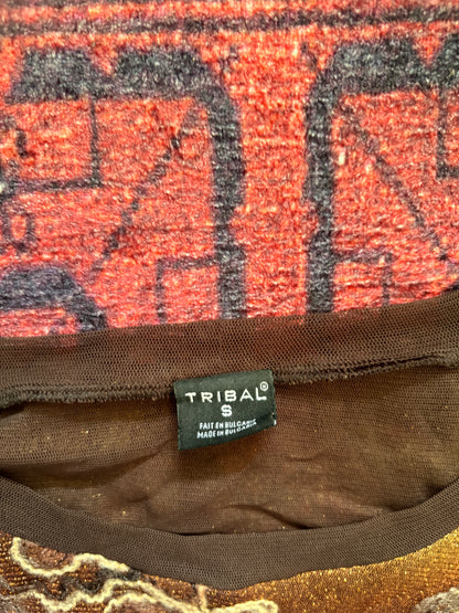 VINTAGE TRIBAL LONG SLEEVE MESH TOP - S