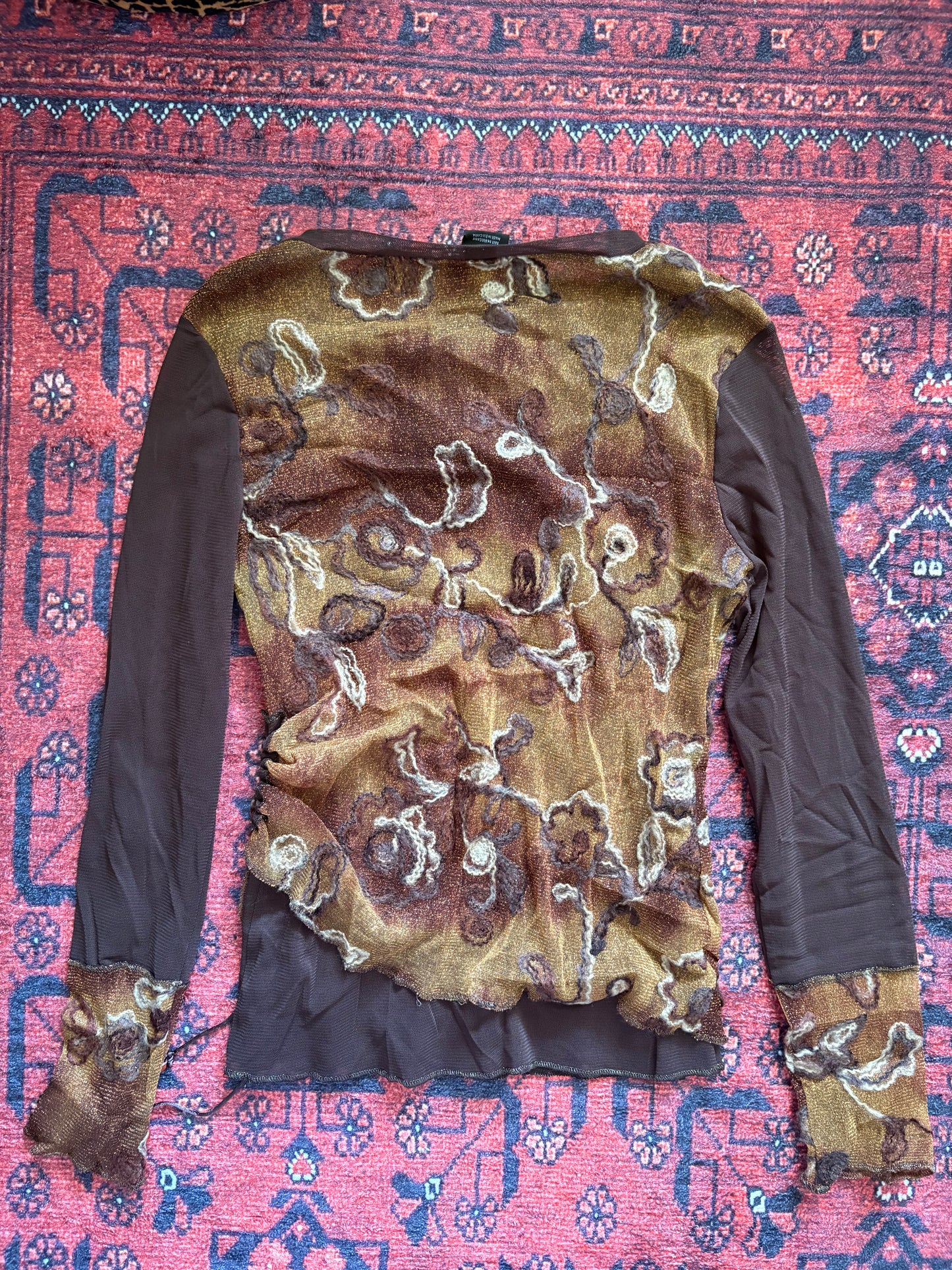 VINTAGE TRIBAL LONG SLEEVE MESH TOP - S