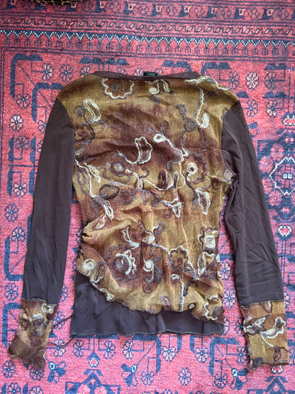 VINTAGE TRIBAL LONG SLEEVE MESH TOP - S