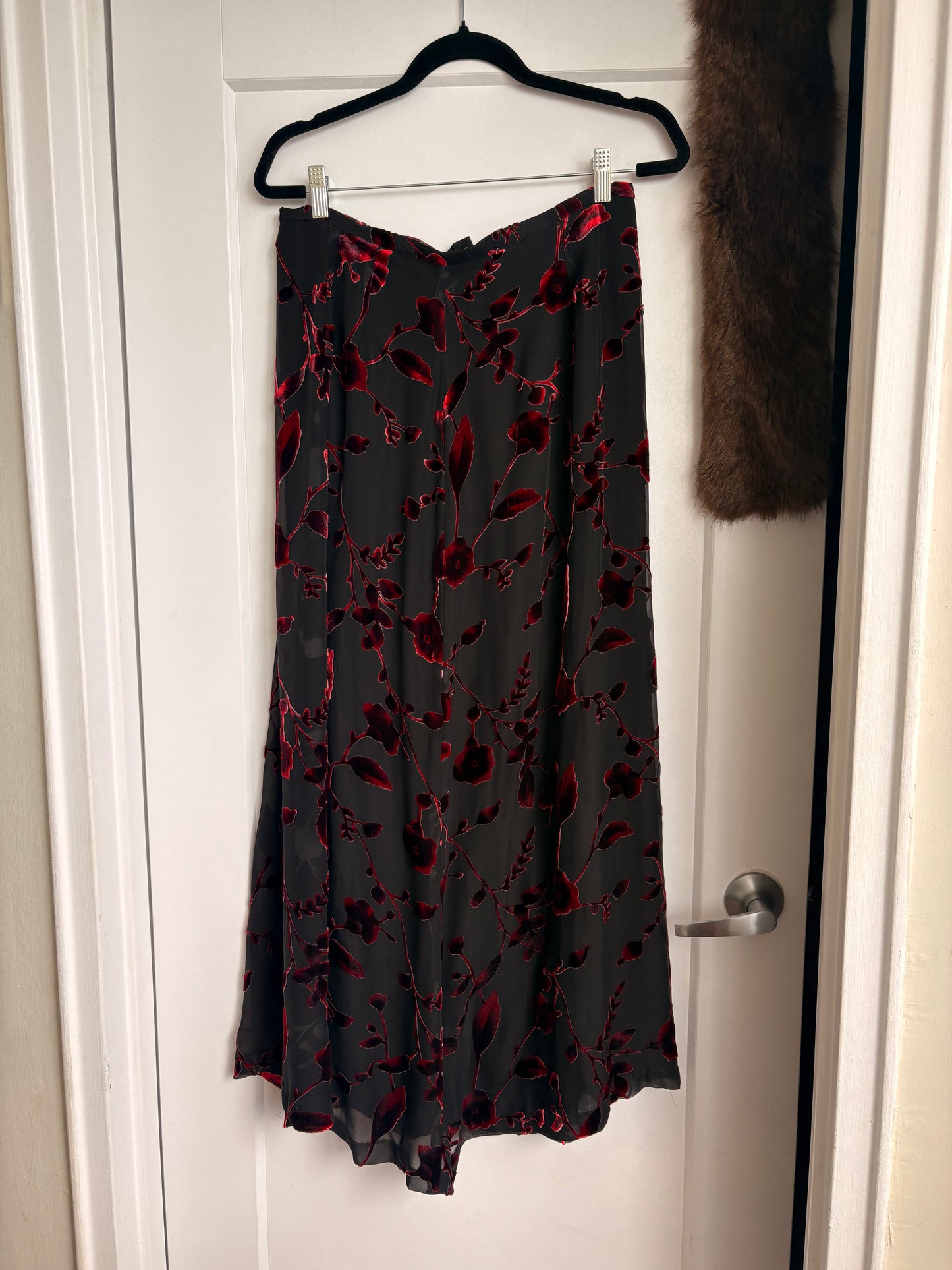VINTAGE SILK MAXI SKIRT WITH VELVET RED FLORAL PRINT - 14