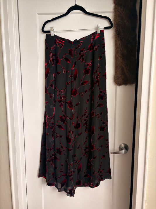 VINTAGE SILK MAXI SKIRT WITH VELVET RED FLORAL PRINT - 14