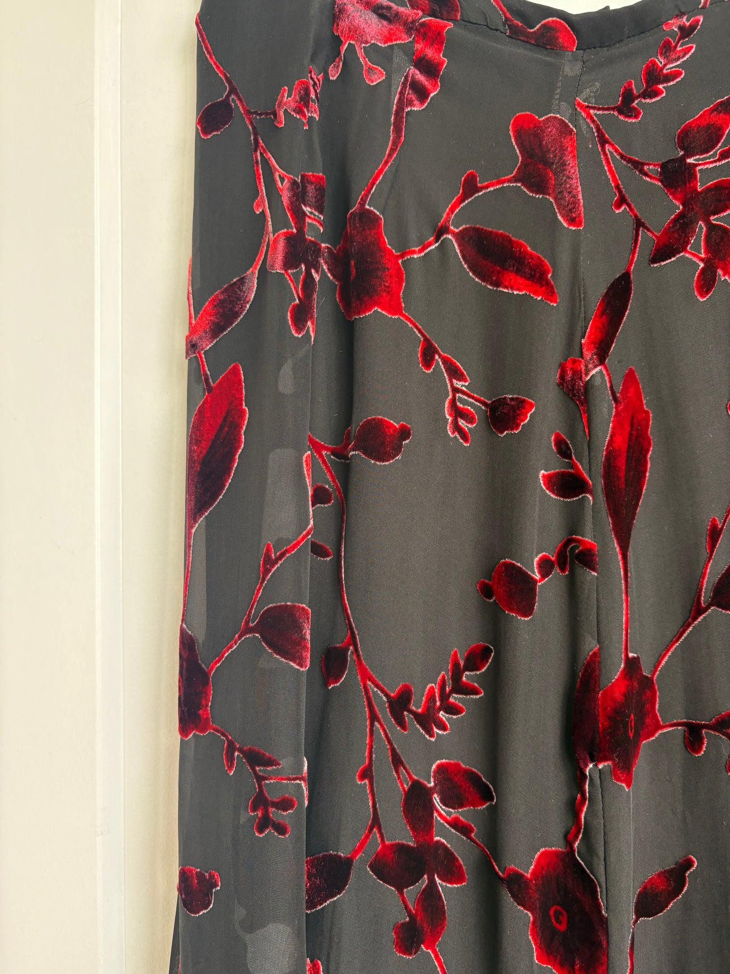 VINTAGE SILK MAXI SKIRT WITH VELVET RED FLORAL PRINT - 14