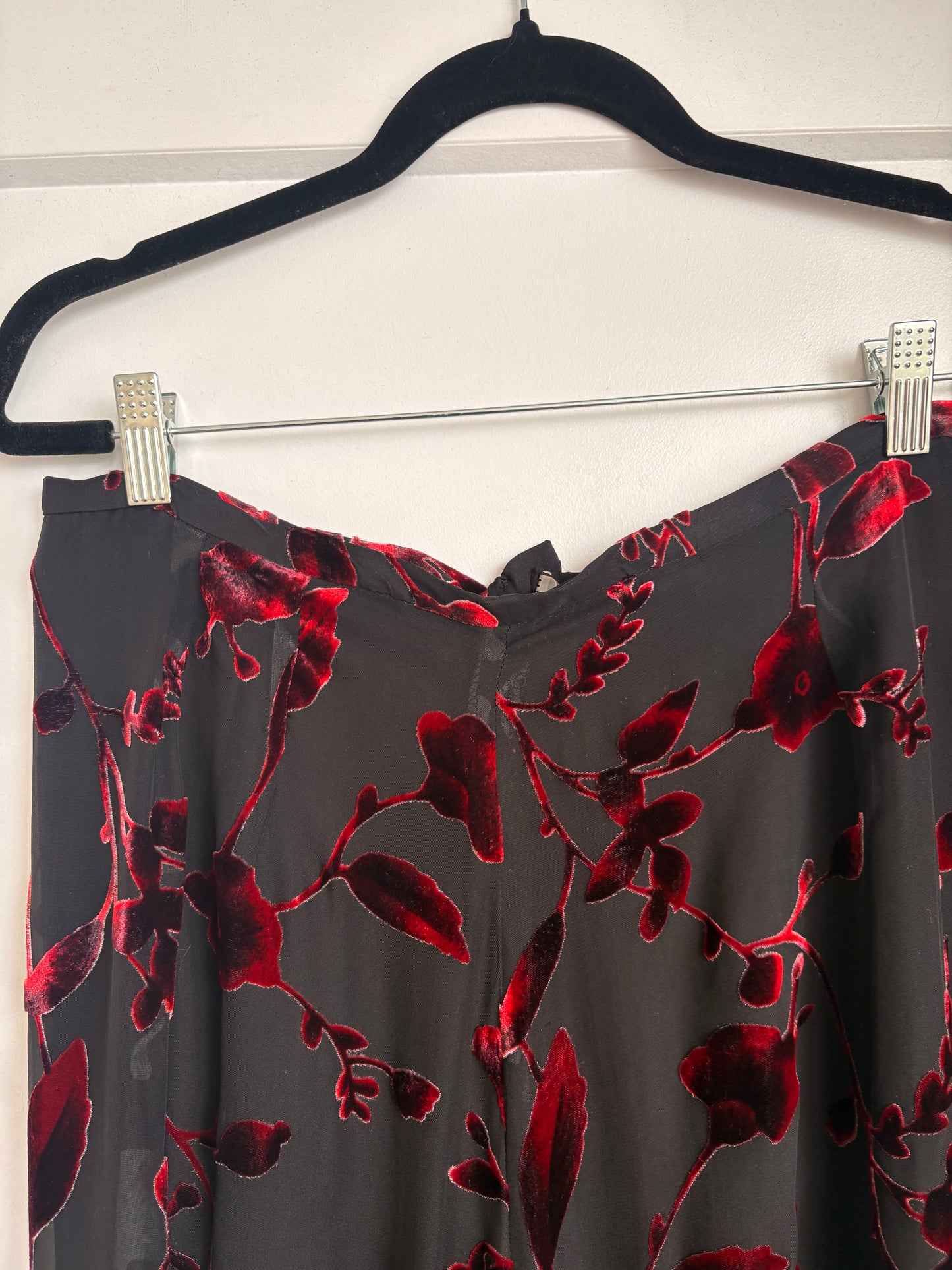 VINTAGE SILK MAXI SKIRT WITH VELVET RED FLORAL PRINT - 14
