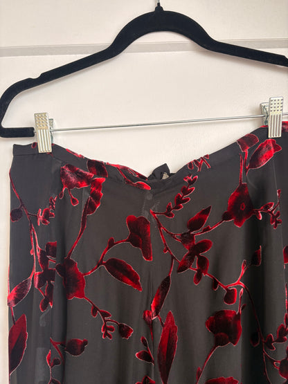 VINTAGE SILK MAXI SKIRT WITH VELVET RED FLORAL PRINT - 14