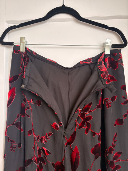 VINTAGE SILK MAXI SKIRT WITH VELVET RED FLORAL PRINT - 14