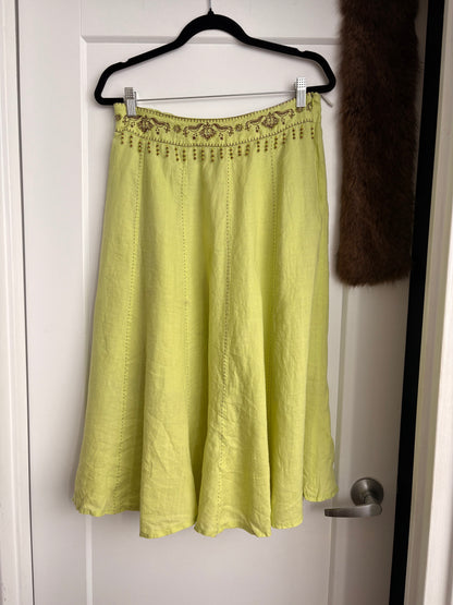 CHARTREUSE 100% LINEN BEADED MAXI SKIRT - L