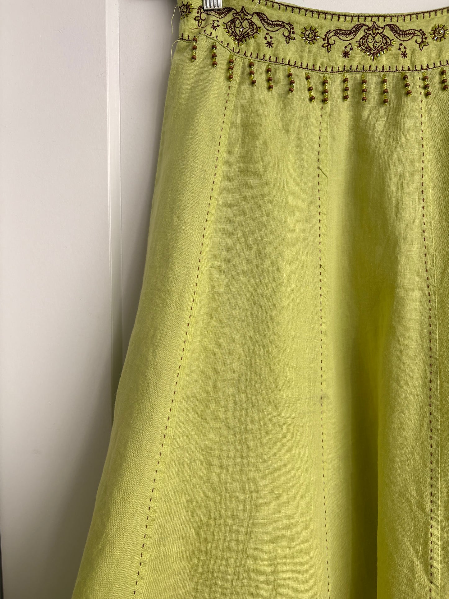 CHARTREUSE 100% LINEN BEADED MAXI SKIRT - L