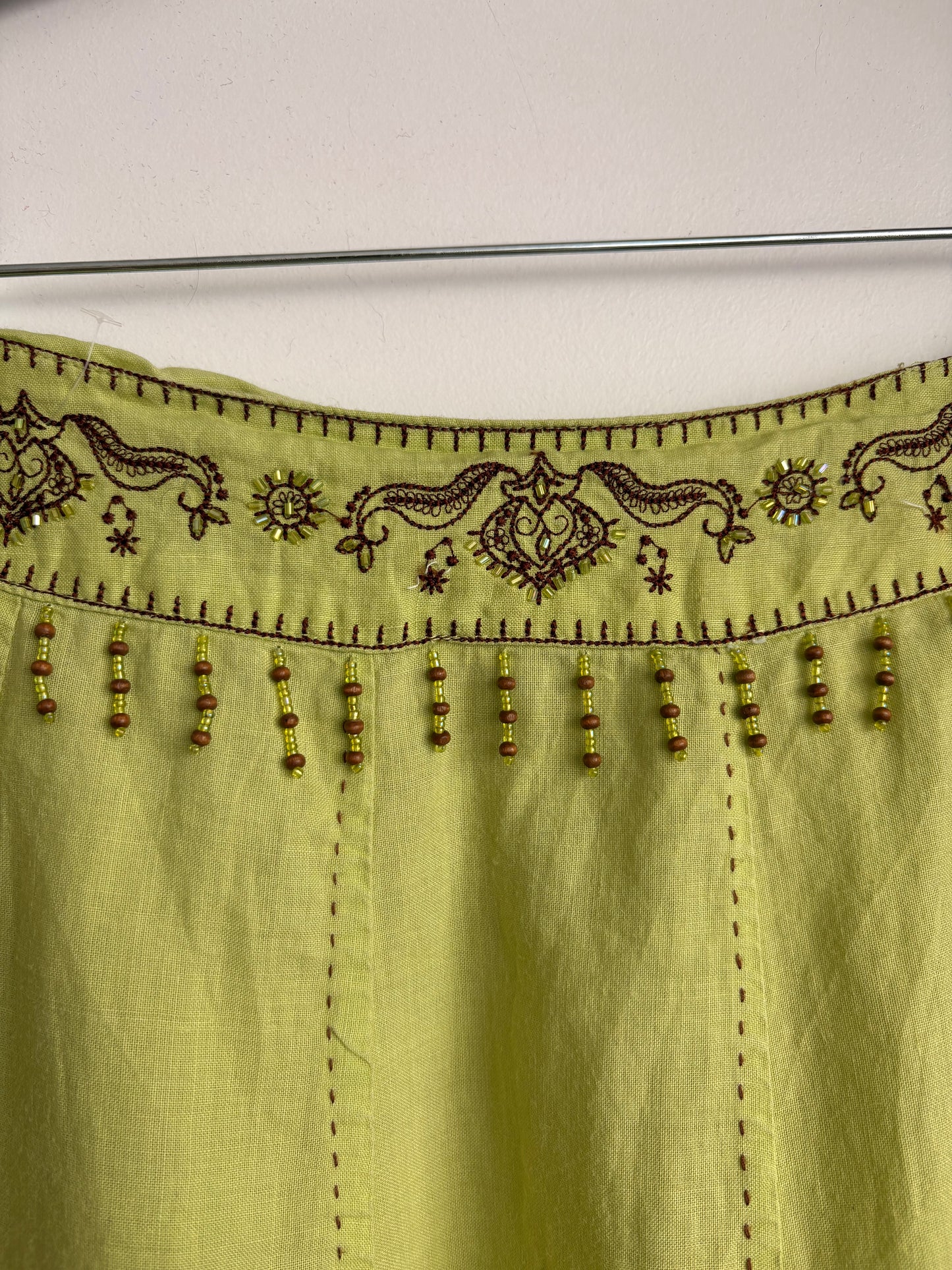 CHARTREUSE 100% LINEN BEADED MAXI SKIRT - L
