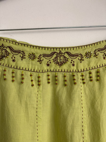 CHARTREUSE 100% LINEN BEADED MAXI SKIRT - L
