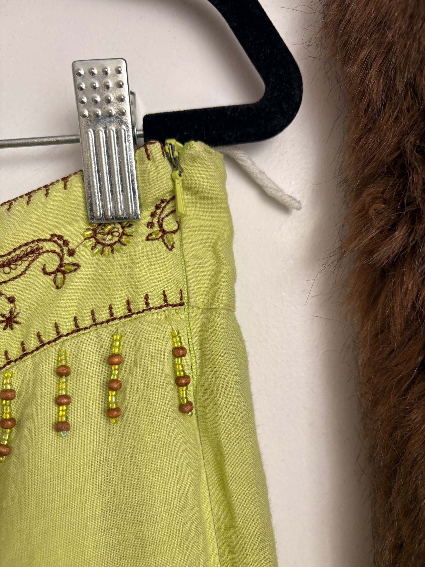 CHARTREUSE 100% LINEN BEADED MAXI SKIRT - L