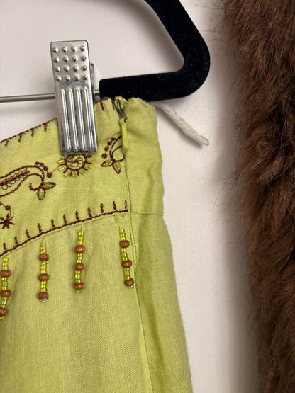 CHARTREUSE 100% LINEN BEADED MAXI SKIRT - L
