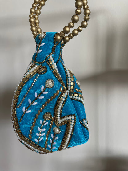 BLUE ZARI VELVET POTLI BAG