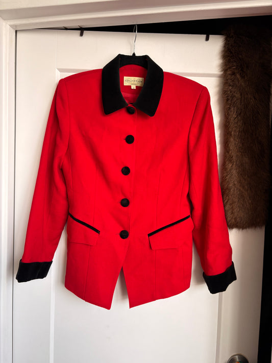 VINTAGE 100% WOOL RED BLAZER WITH VELVET DETAILS - S