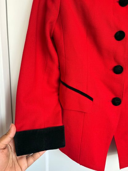 VINTAGE 100% WOOL RED BLAZER WITH VELVET DETAILS - S